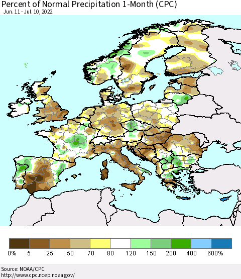 Europe Percent of Normal Precipitation 1-Month (CPC) Thematic Map For 6/11/2022 - 7/10/2022
