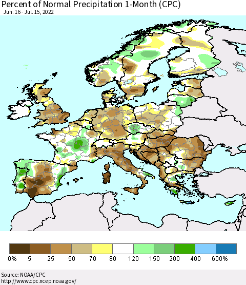 Europe Percent of Normal Precipitation 1-Month (CPC) Thematic Map For 6/16/2022 - 7/15/2022