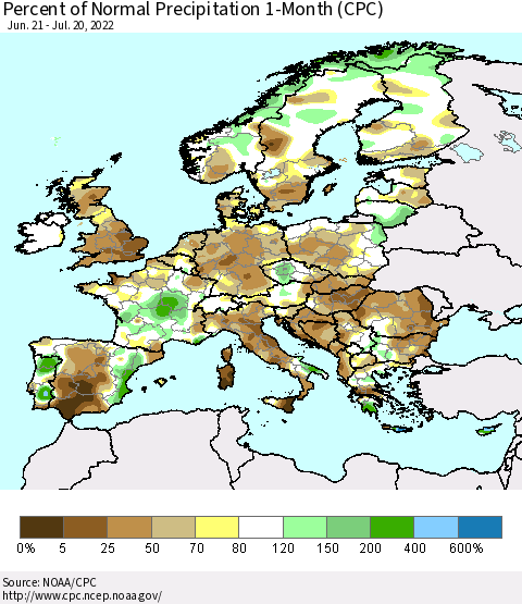 Europe Percent of Normal Precipitation 1-Month (CPC) Thematic Map For 6/21/2022 - 7/20/2022