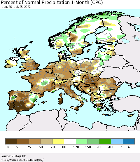 Europe Percent of Normal Precipitation 1-Month (CPC) Thematic Map For 6/26/2022 - 7/25/2022