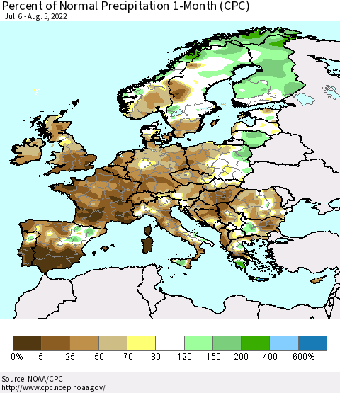 Europe Percent of Normal Precipitation 1-Month (CPC) Thematic Map For 7/6/2022 - 8/5/2022