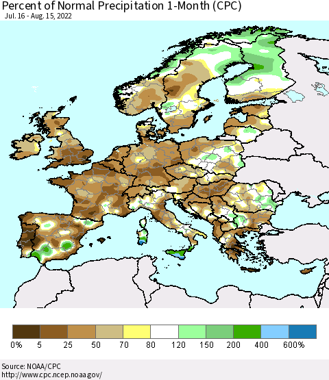 Europe Percent of Normal Precipitation 1-Month (CPC) Thematic Map For 7/16/2022 - 8/15/2022