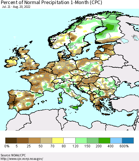 Europe Percent of Normal Precipitation 1-Month (CPC) Thematic Map For 7/21/2022 - 8/20/2022