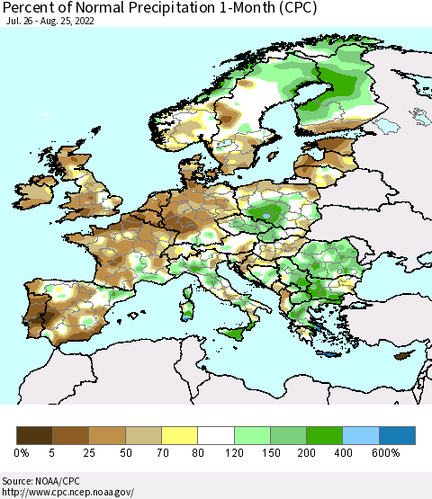 Europe Percent of Normal Precipitation 1-Month (CPC) Thematic Map For 7/26/2022 - 8/25/2022