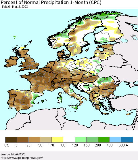 Europe Percent of Normal Precipitation 1-Month (CPC) Thematic Map For 2/6/2023 - 3/5/2023