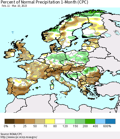 Europe Percent of Normal Precipitation 1-Month (CPC) Thematic Map For 2/11/2023 - 3/10/2023