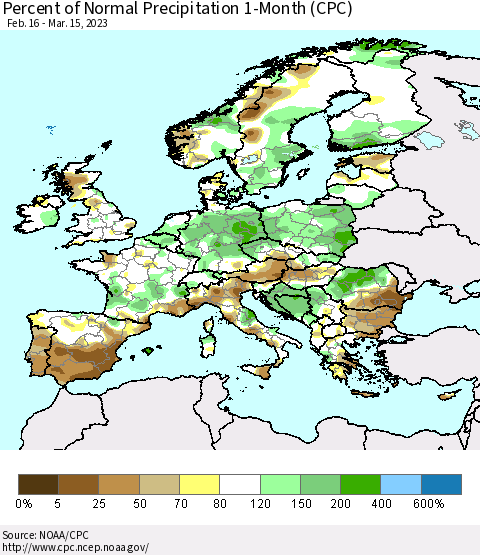 Europe Percent of Normal Precipitation 1-Month (CPC) Thematic Map For 2/16/2023 - 3/15/2023