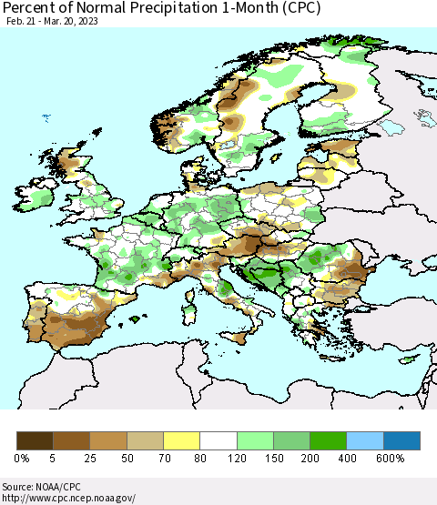 Europe Percent of Normal Precipitation 1-Month (CPC) Thematic Map For 2/21/2023 - 3/20/2023