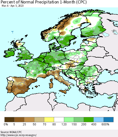 Europe Percent of Normal Precipitation 1-Month (CPC) Thematic Map For 3/6/2023 - 4/5/2023