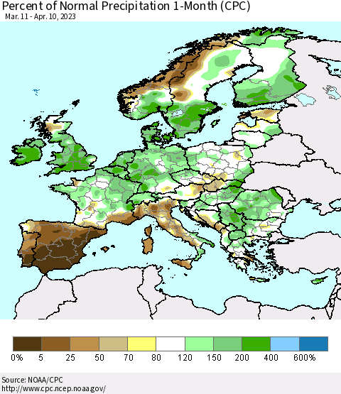 Europe Percent of Normal Precipitation 1-Month (CPC) Thematic Map For 3/11/2023 - 4/10/2023