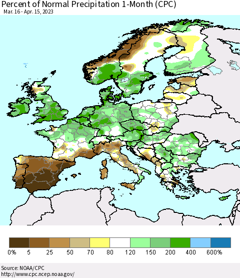 Europe Percent of Normal Precipitation 1-Month (CPC) Thematic Map For 3/16/2023 - 4/15/2023