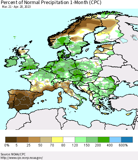 Europe Percent of Normal Precipitation 1-Month (CPC) Thematic Map For 3/21/2023 - 4/20/2023