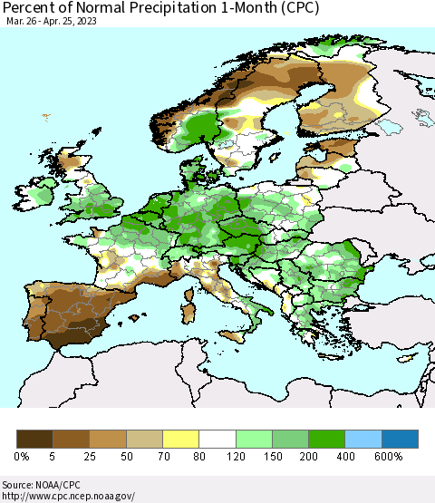 Europe Percent of Normal Precipitation 1-Month (CPC) Thematic Map For 3/26/2023 - 4/25/2023