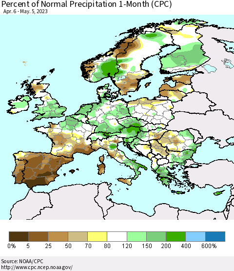 Europe Percent of Normal Precipitation 1-Month (CPC) Thematic Map For 4/6/2023 - 5/5/2023