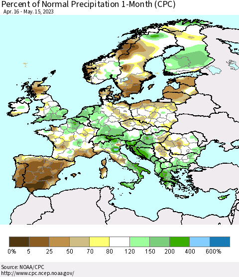 Europe Percent of Normal Precipitation 1-Month (CPC) Thematic Map For 4/16/2023 - 5/15/2023