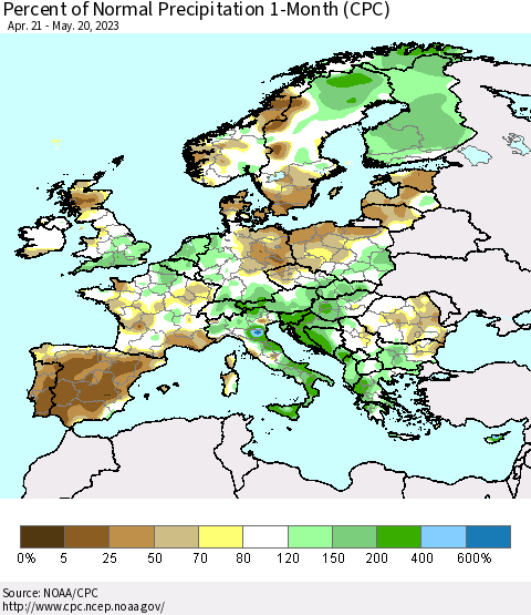 Europe Percent of Normal Precipitation 1-Month (CPC) Thematic Map For 4/21/2023 - 5/20/2023