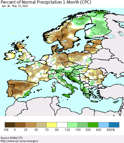 Europe Percent of Normal Precipitation 1-Month (CPC) Thematic Map For 4/26/2023 - 5/25/2023