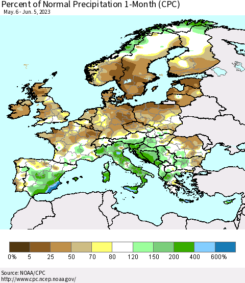 Europe Percent of Normal Precipitation 1-Month (CPC) Thematic Map For 5/6/2023 - 6/5/2023