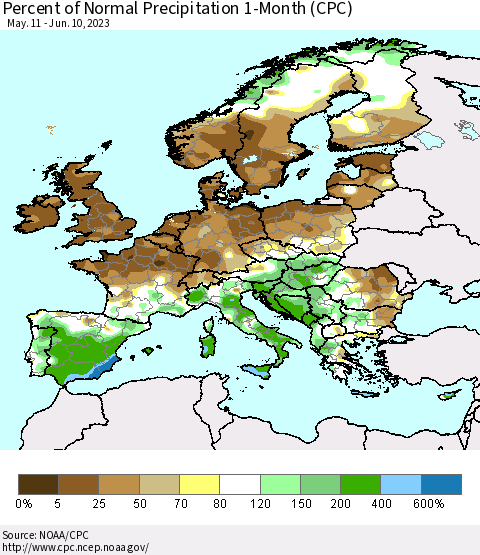 Europe Percent of Normal Precipitation 1-Month (CPC) Thematic Map For 5/11/2023 - 6/10/2023