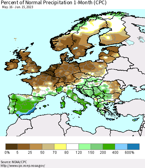 Europe Percent of Normal Precipitation 1-Month (CPC) Thematic Map For 5/16/2023 - 6/15/2023