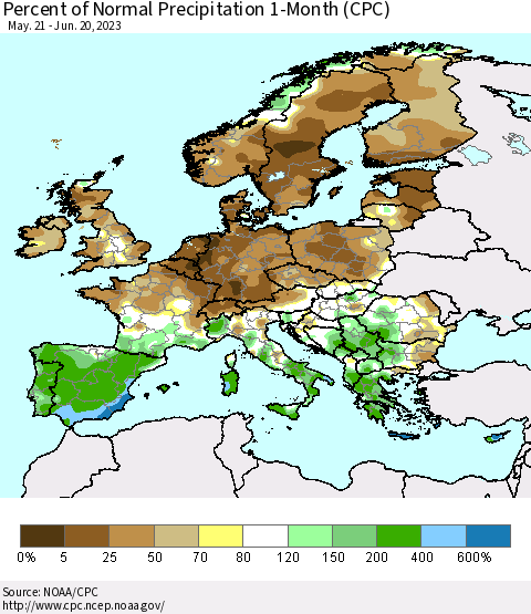 Europe Percent of Normal Precipitation 1-Month (CPC) Thematic Map For 5/21/2023 - 6/20/2023