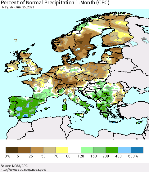 Europe Percent of Normal Precipitation 1-Month (CPC) Thematic Map For 5/26/2023 - 6/25/2023