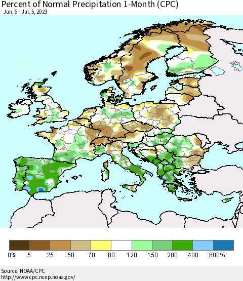 Europe Percent of Normal Precipitation 1-Month (CPC) Thematic Map For 6/6/2023 - 7/5/2023