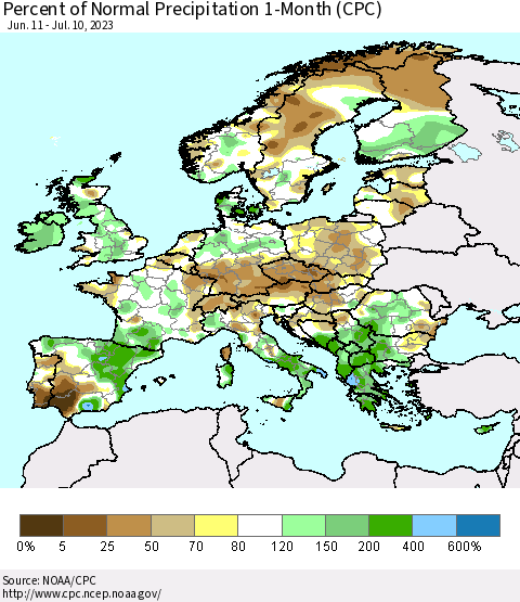 Europe Percent of Normal Precipitation 1-Month (CPC) Thematic Map For 6/11/2023 - 7/10/2023