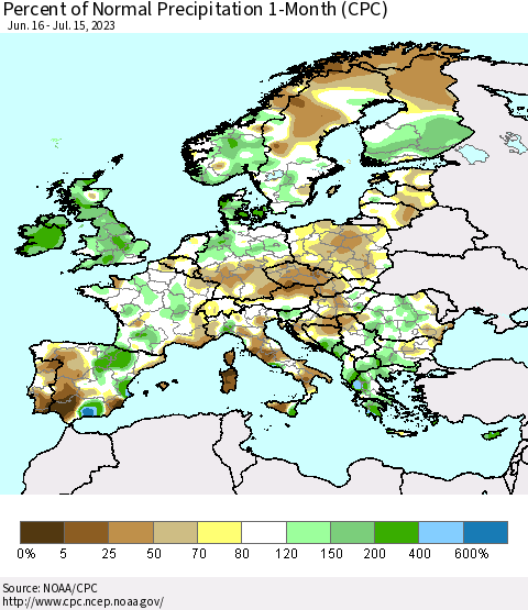 Europe Percent of Normal Precipitation 1-Month (CPC) Thematic Map For 6/16/2023 - 7/15/2023