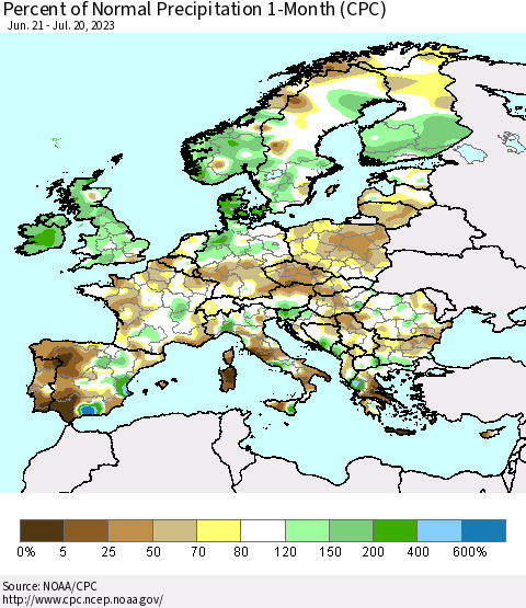 Europe Percent of Normal Precipitation 1-Month (CPC) Thematic Map For 6/21/2023 - 7/20/2023