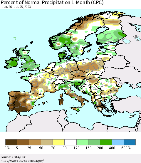 Europe Percent of Normal Precipitation 1-Month (CPC) Thematic Map For 6/26/2023 - 7/25/2023