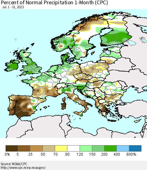 Europe Percent of Normal Precipitation 1-Month (CPC) Thematic Map For 7/1/2023 - 7/31/2023