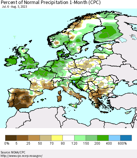 Europe Percent of Normal Precipitation 1-Month (CPC) Thematic Map For 7/6/2023 - 8/5/2023