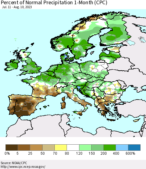 Europe Percent of Normal Precipitation 1-Month (CPC) Thematic Map For 7/11/2023 - 8/10/2023