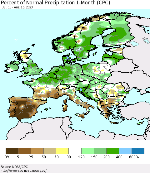 Europe Percent of Normal Precipitation 1-Month (CPC) Thematic Map For 7/16/2023 - 8/15/2023