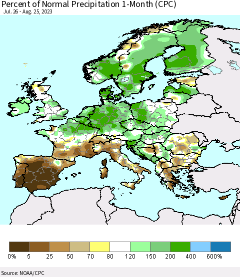 Europe Percent of Normal Precipitation 1-Month (CPC) Thematic Map For 7/26/2023 - 8/25/2023