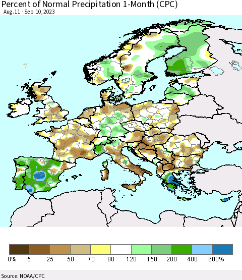 Europe Percent of Normal Precipitation 1-Month (CPC) Thematic Map For 8/11/2023 - 9/10/2023