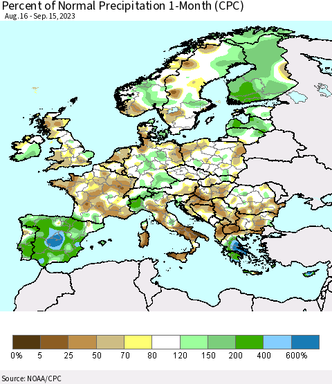 Europe Percent of Normal Precipitation 1-Month (CPC) Thematic Map For 8/16/2023 - 9/15/2023