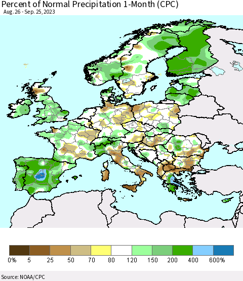 Europe Percent of Normal Precipitation 1-Month (CPC) Thematic Map For 8/26/2023 - 9/25/2023