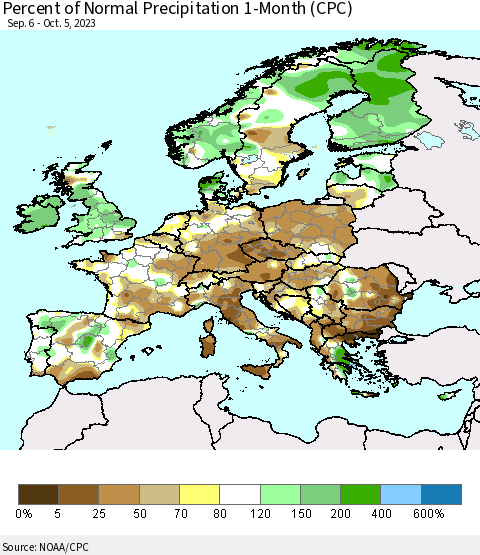Europe Percent of Normal Precipitation 1-Month (CPC) Thematic Map For 9/6/2023 - 10/5/2023