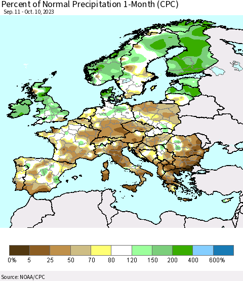 Europe Percent of Normal Precipitation 1-Month (CPC) Thematic Map For 9/11/2023 - 10/10/2023