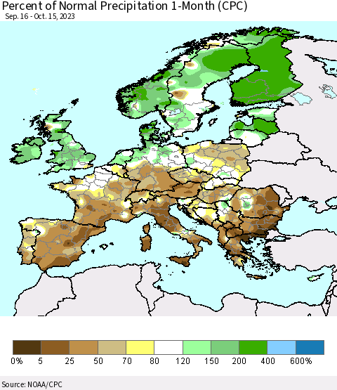 Europe Percent of Normal Precipitation 1-Month (CPC) Thematic Map For 9/16/2023 - 10/15/2023