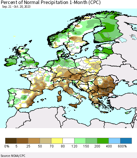Europe Percent of Normal Precipitation 1-Month (CPC) Thematic Map For 9/21/2023 - 10/20/2023