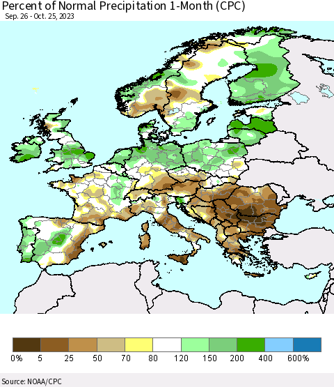 Europe Percent of Normal Precipitation 1-Month (CPC) Thematic Map For 9/26/2023 - 10/25/2023
