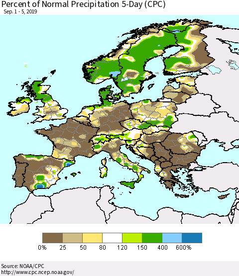 Europe Percent of Normal Precipitation 5-Day (CPC) Thematic Map For 9/1/2019 - 9/5/2019