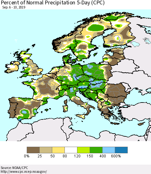 Europe Percent of Normal Precipitation 5-Day (CPC) Thematic Map For 9/6/2019 - 9/10/2019