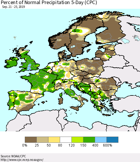 Europe Percent of Normal Precipitation 5-Day (CPC) Thematic Map For 9/21/2019 - 9/25/2019