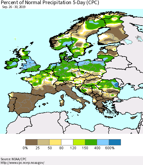 Europe Percent of Normal Precipitation 5-Day (CPC) Thematic Map For 9/26/2019 - 9/30/2019