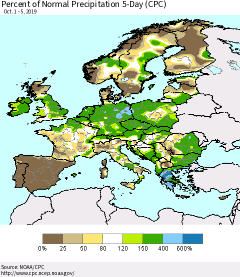 Europe Percent of Normal Precipitation 5-Day (CPC) Thematic Map For 10/1/2019 - 10/5/2019