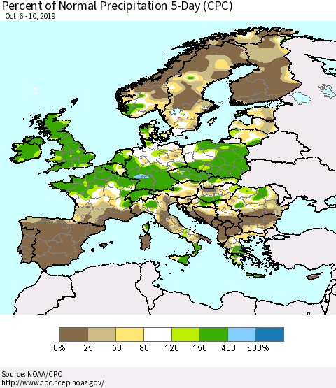 Europe Percent of Normal Precipitation 5-Day (CPC) Thematic Map For 10/6/2019 - 10/10/2019